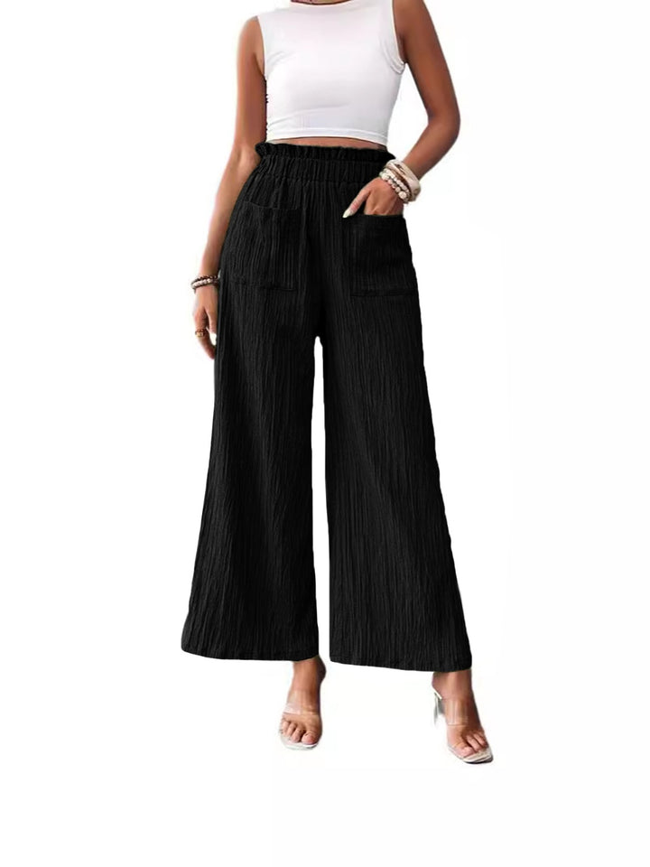 Chic Wide Leg Trousers with Elastic Waist and Pockets