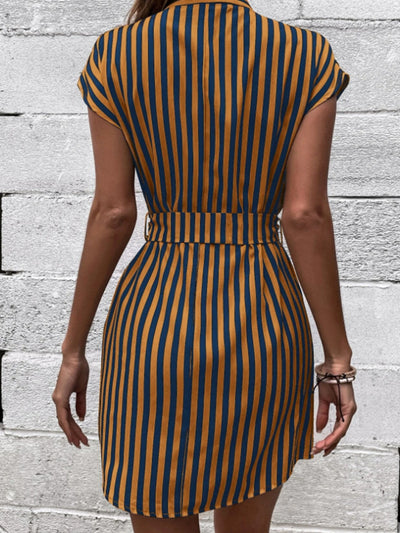 Cap Sleeve Mini Dress with Elegant Tied Striped Accent