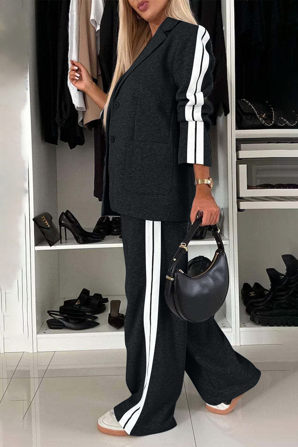 Full Size Contrast Lapel Collar Top and Pants Set for Women