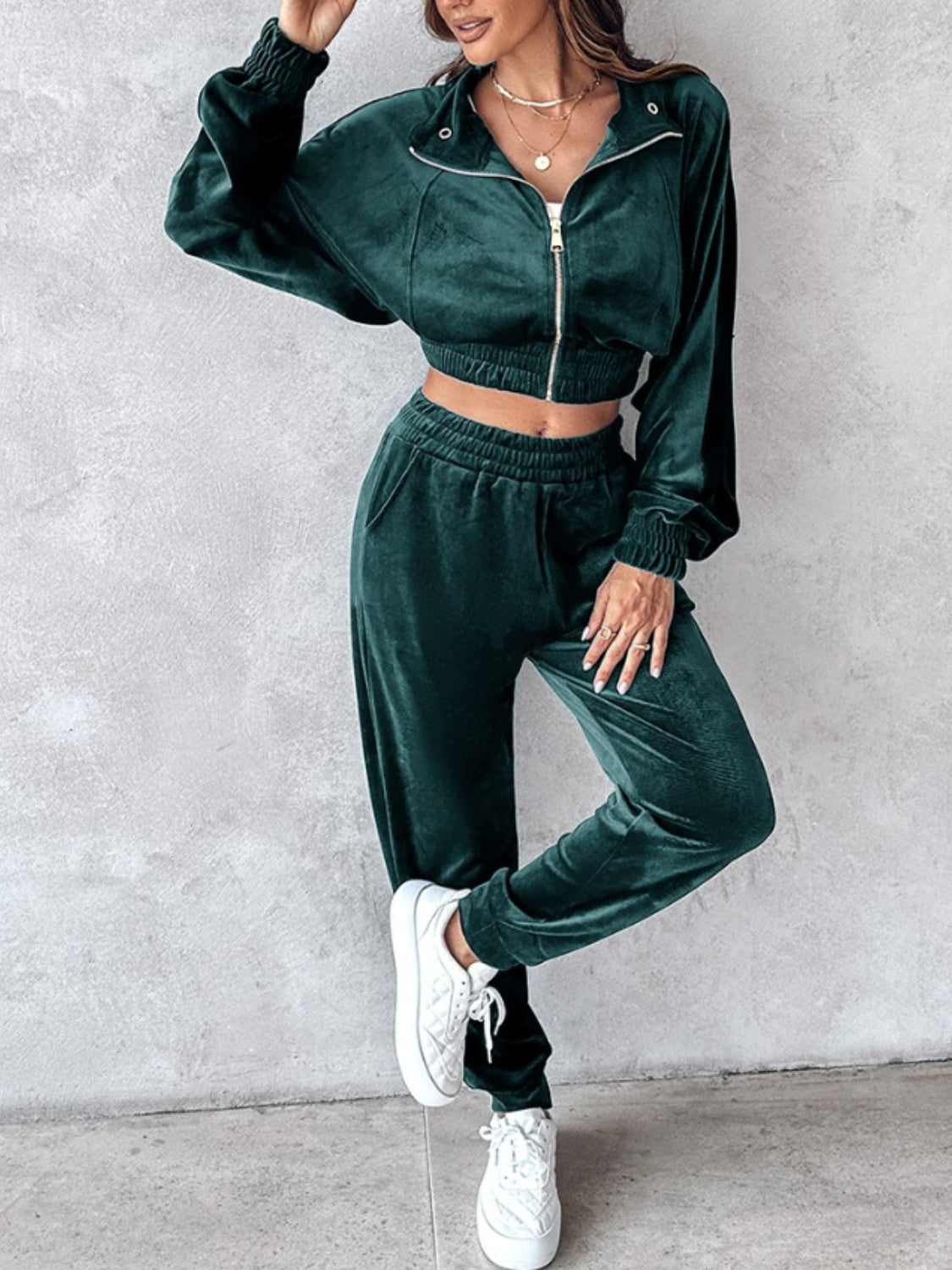 Cropped Zip-Up Long Sleeve Top and Jogger Set for Women