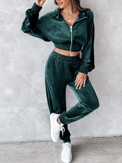 Cropped Zip-Up Long Sleeve Top and Jogger Set for Women