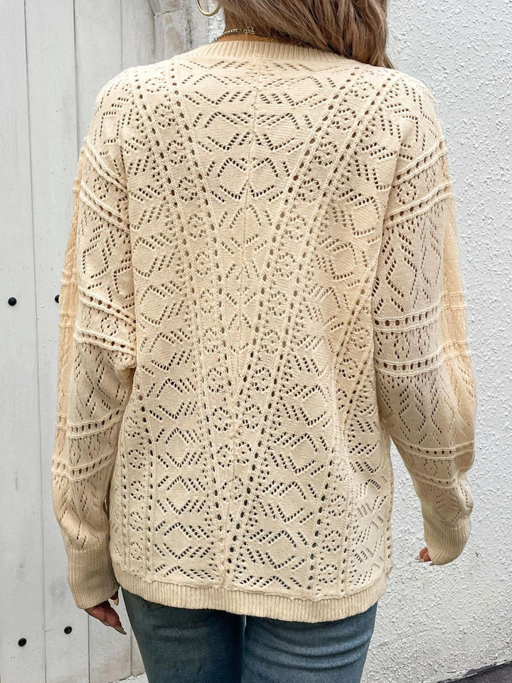 Chic Openwork Button-Up Cardigan with Long Sleeves