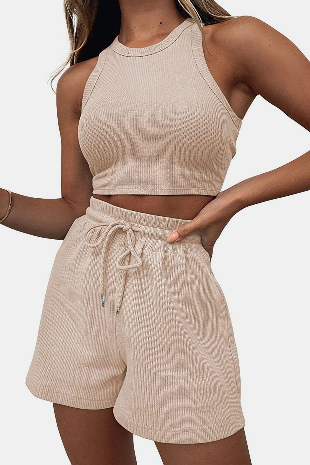 Stylish Round Neck Lounge Set with Adjustable Shorts Set