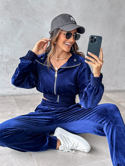 Cropped Zip-Up Long Sleeve Top and Jogger Set for Women