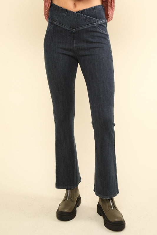 Chic Crossover Denim Leggings with Flared Legs for Women
