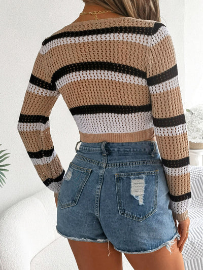 Sophisticated Openwork Long Sleeve Knit Sweater for Women