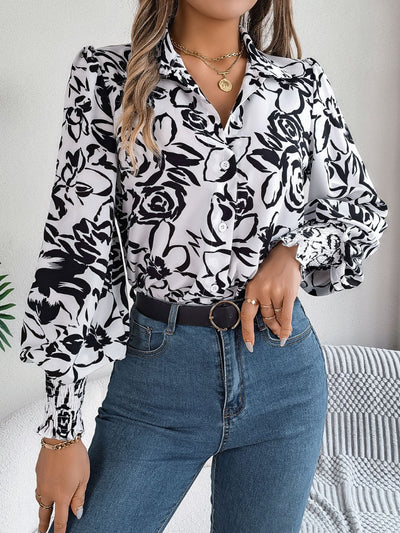 Stylish Printed Lantern Sleeve Button-Up Blouse for Women