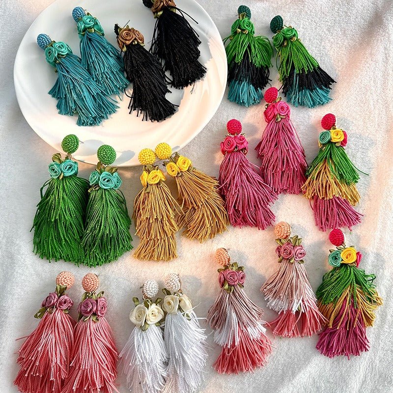 Bohemian style original design long tassel earrings spring flowers exaggerated women's earrings