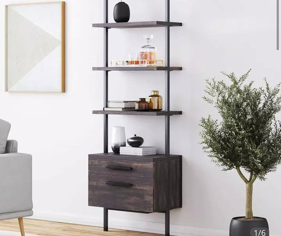 Bookshelf with Wood Drawers and Matte Steel Frame, 3-Shelf, Nutmeg/Black - Ruth Envision