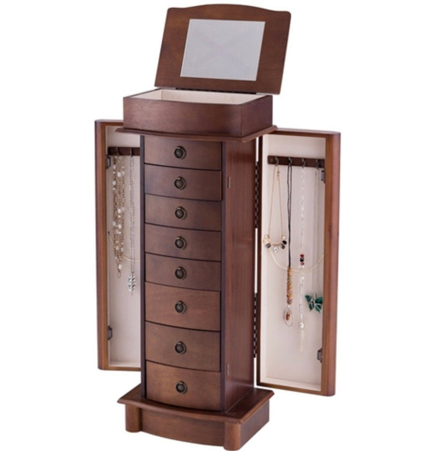 Brown Wood 8-Drawer Jewelry Armoire Chest Storage Cabinet with Mirror - Ruth Envision