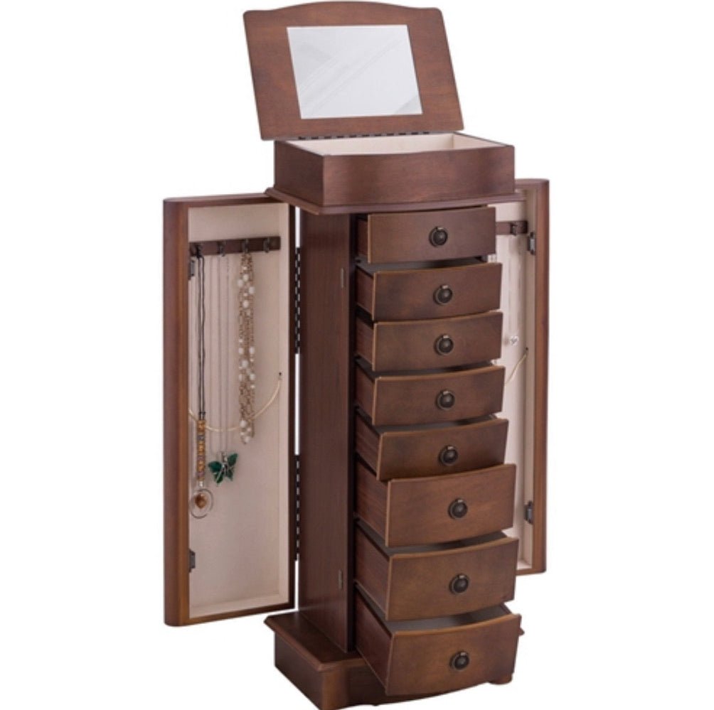 Brown Wood 8-Drawer Jewelry Armoire Chest Storage Cabinet with Mirror - Ruth Envision