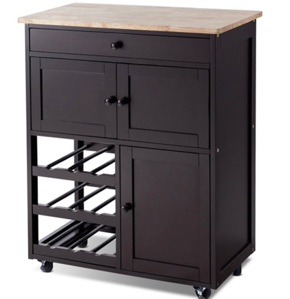 Brown Wood Mobile Kitchen Island Cart Cabinet with Wine Rack and Drawer - Ruth Envision