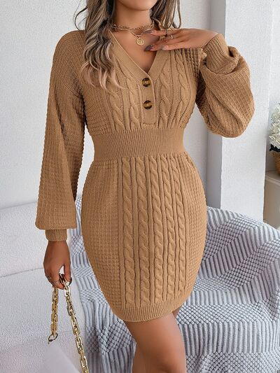 Sophisticated Cable-Knit V-Neck Sweater Dress Elegance