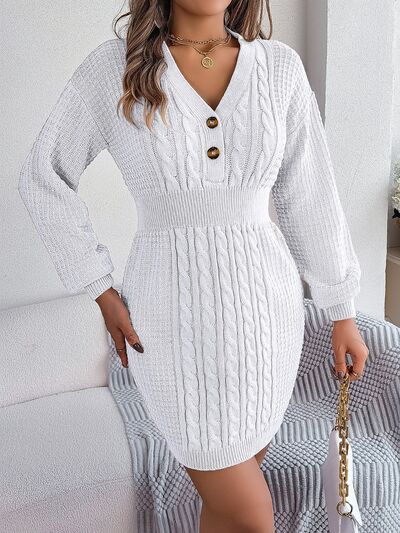 Sophisticated Cable-Knit V-Neck Sweater Dress Elegance