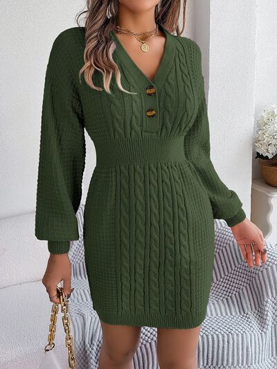 Sophisticated Cable-Knit V-Neck Sweater Dress Elegance