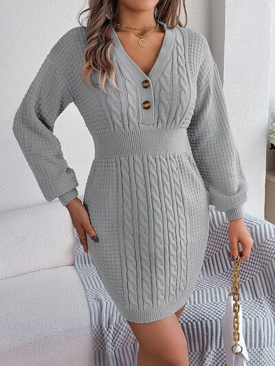 Sophisticated Cable-Knit V-Neck Sweater Dress Elegance