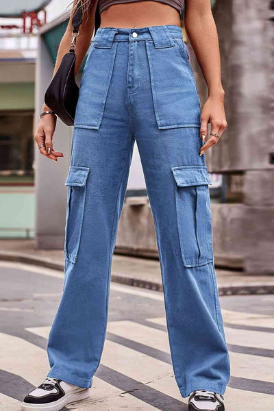 High Rise Button Front Casual Denim Jeans for Women