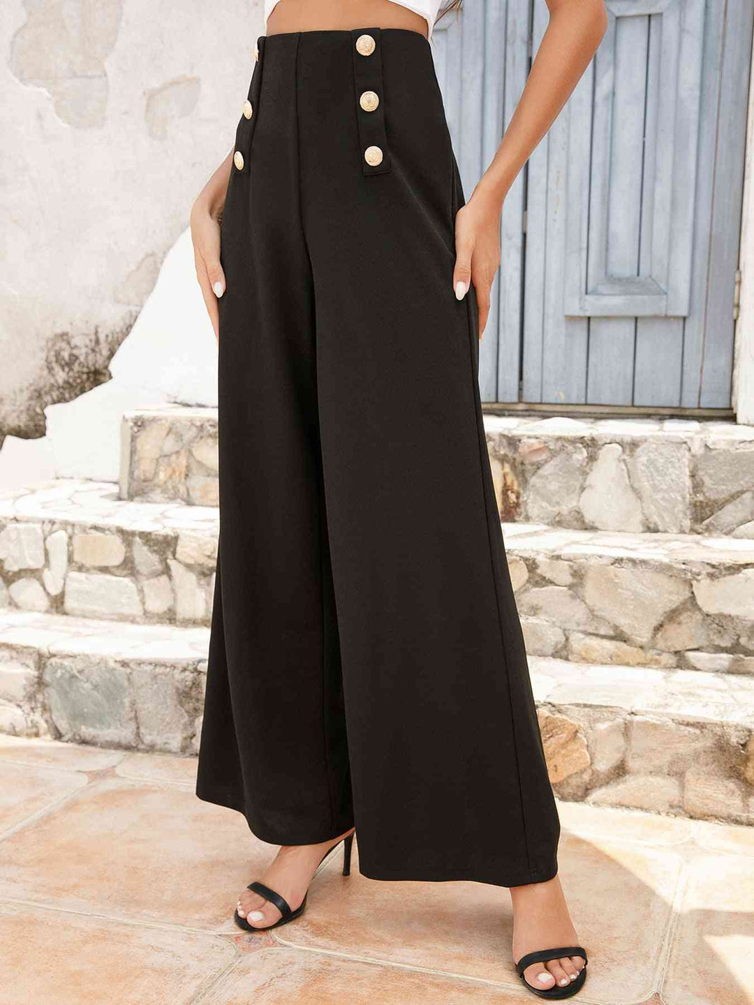 Chic High-Waisted Relaxed Fit Trousers with Button Accents