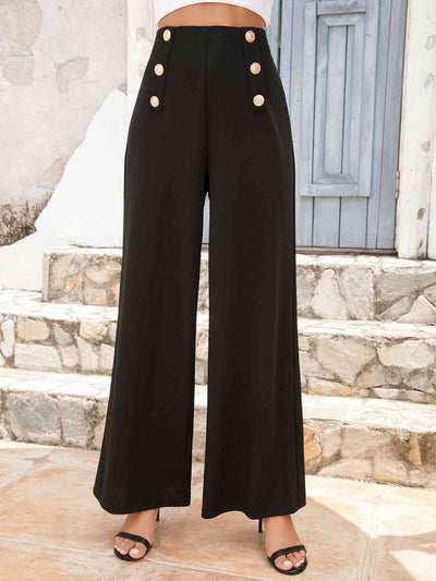 Chic High-Waisted Relaxed Fit Trousers with Button Accents