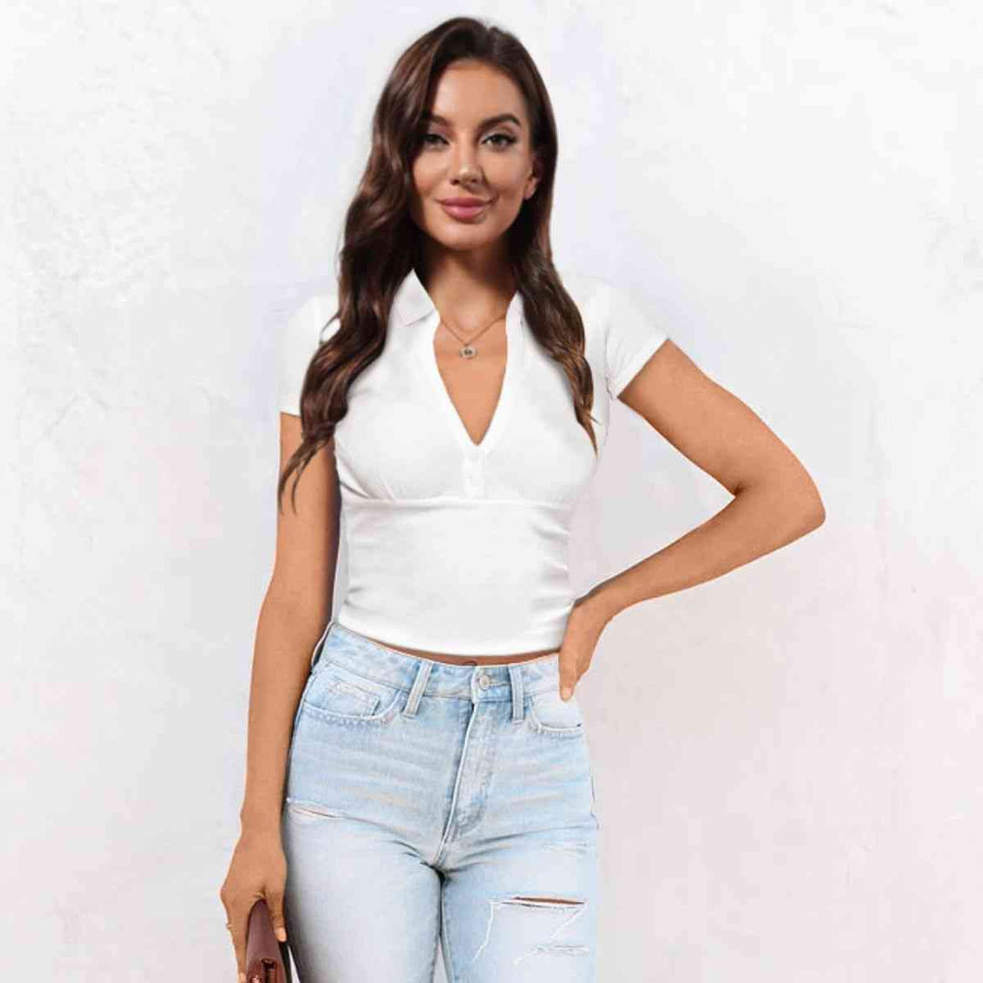 Stylish Cropped Short Sleeve Top with Buttoned Johnny Collar