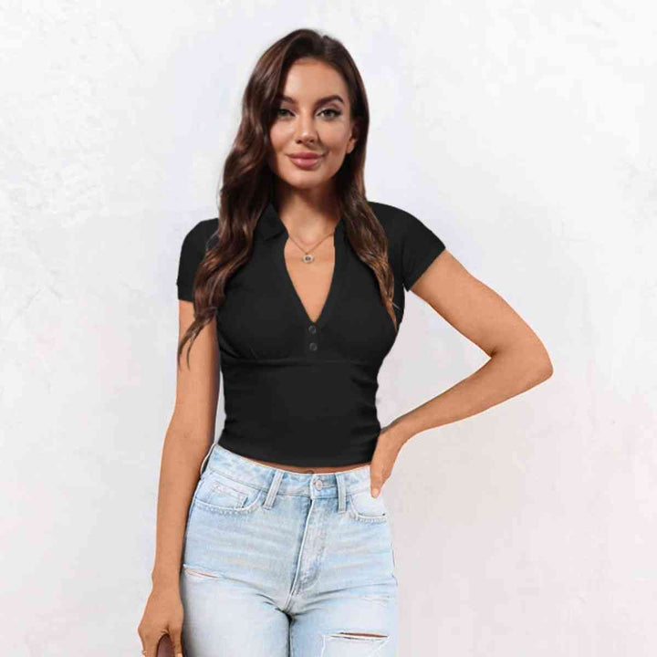 Stylish Cropped Short Sleeve Top with Buttoned Johnny Collar