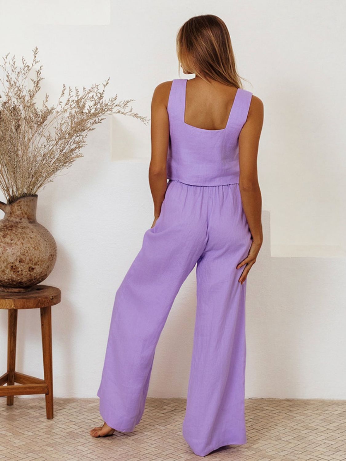 Elegant Square Neck Sleeveless Top and Trousers Set Sale