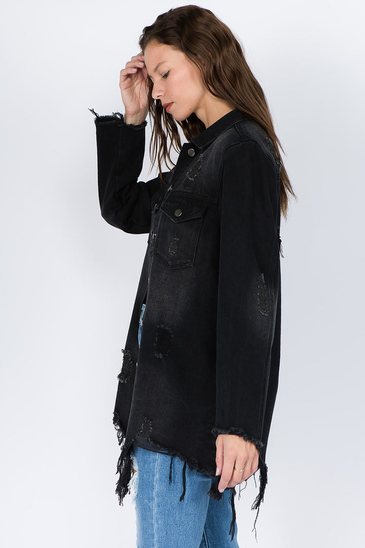 Frayed Hem Distressed Retro Denim Jacket