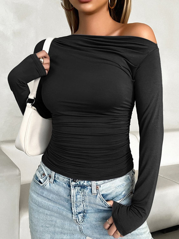 Chic Asymmetrical Ruched Long Sleeve Blouse