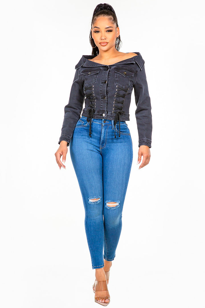 Stylish Off-Shoulder Lace-Up Denim Jacket for Fashion Enthusiasts