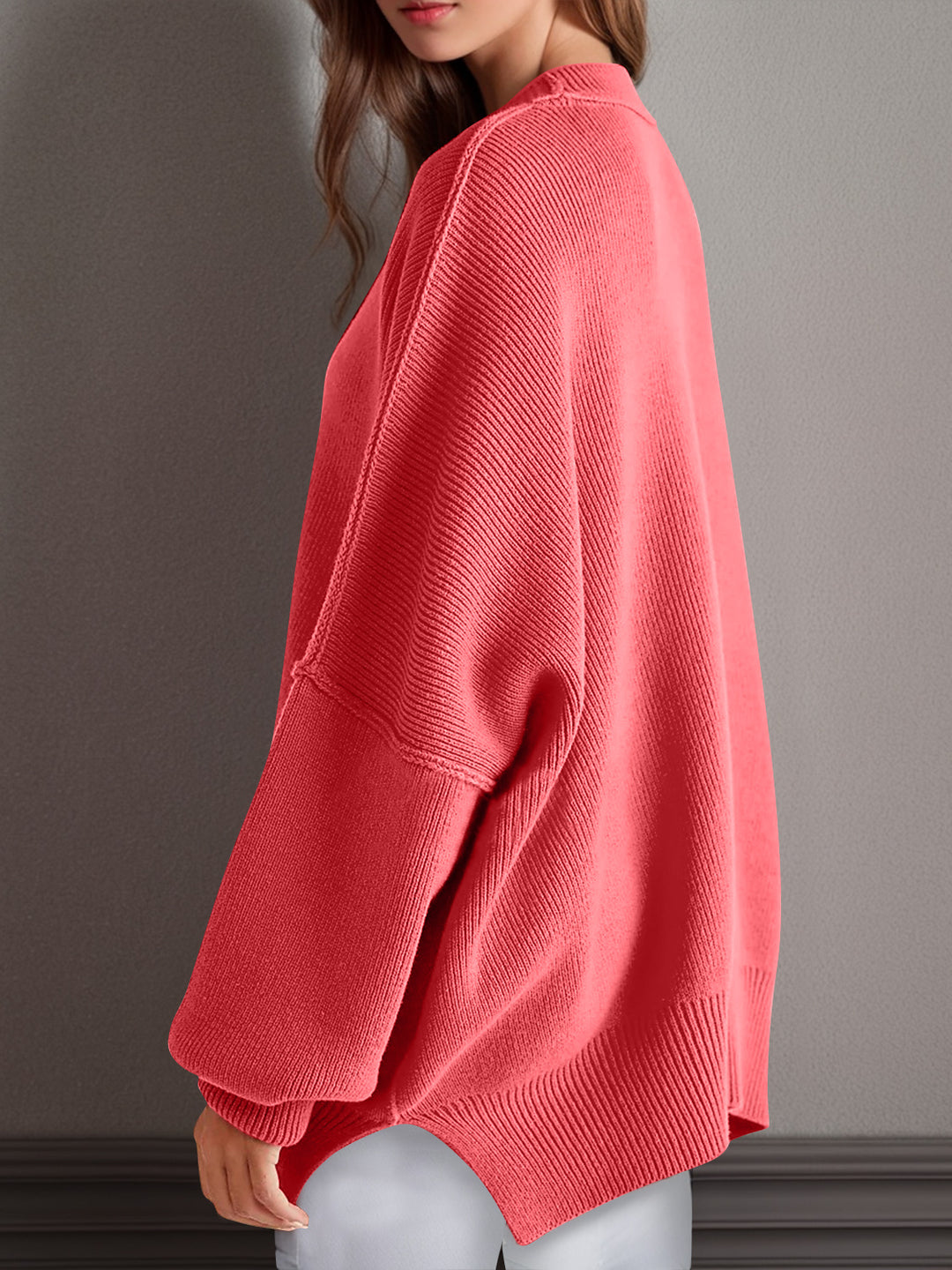 Chic Side Slit Long Sleeve Sweater with Round Neck