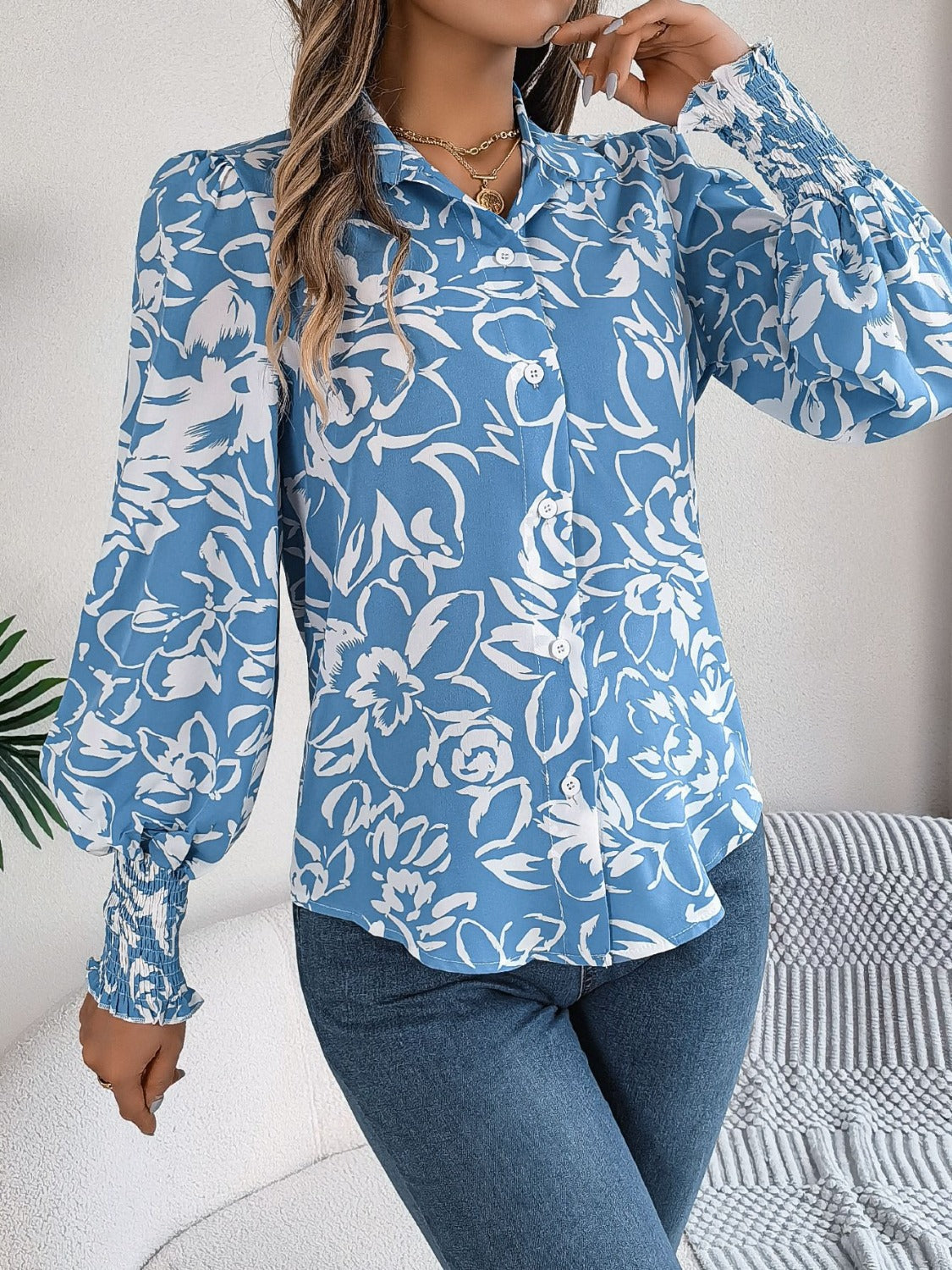 Stylish Printed Lantern Sleeve Button-Up Blouse for Women