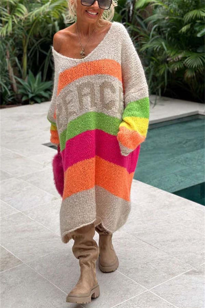 Color Block V-Neck Long Sleeve Sweater Dress for Women