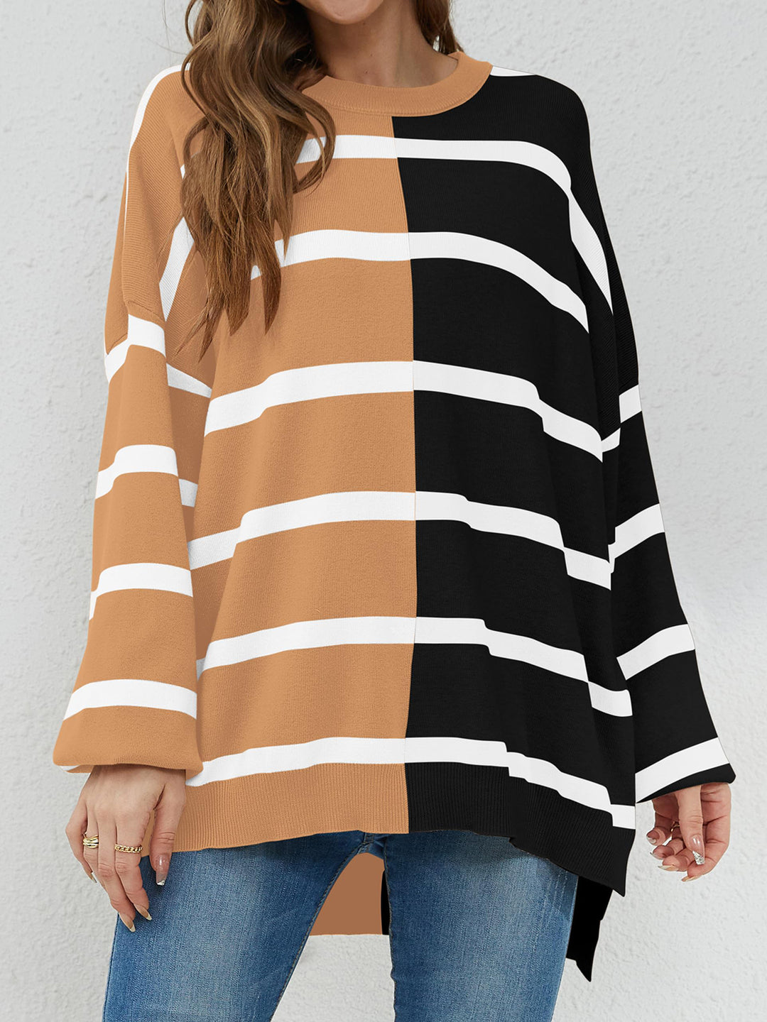 Chic Striped Knit Sweater with Round Neck and Long Sleeves