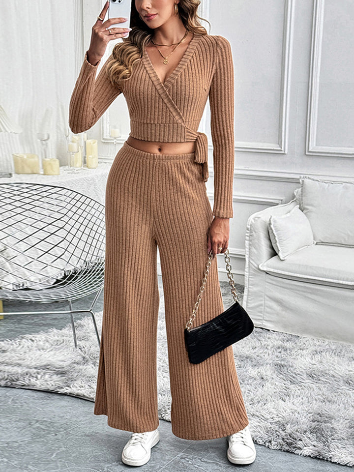 Chic Perfee Surplice Long Sleeve Top and Trouser Set