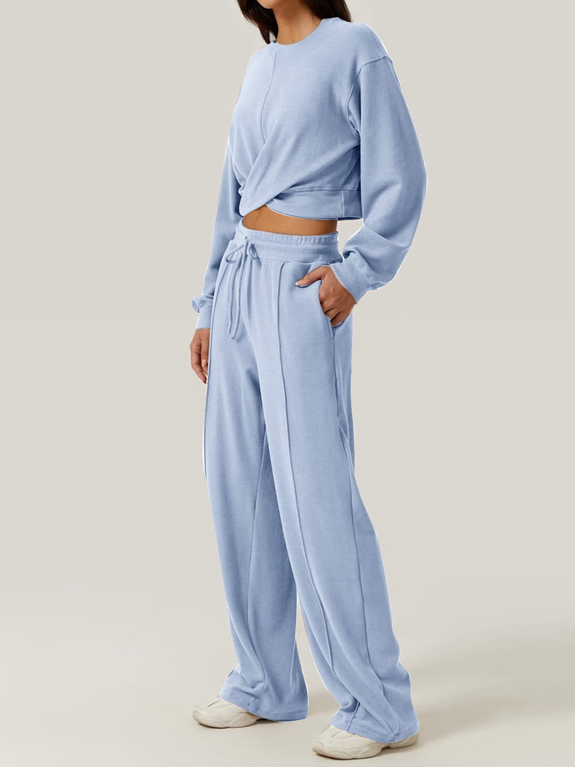 Trendy Crisscross Neck Top and Adjustable Waist Pants Set