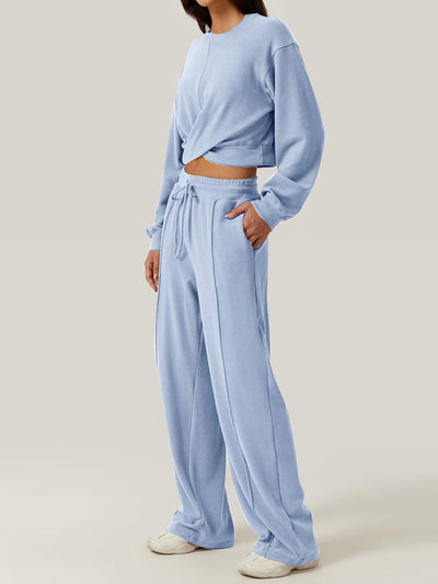 Trendy Crisscross Neck Top and Adjustable Waist Pants Set