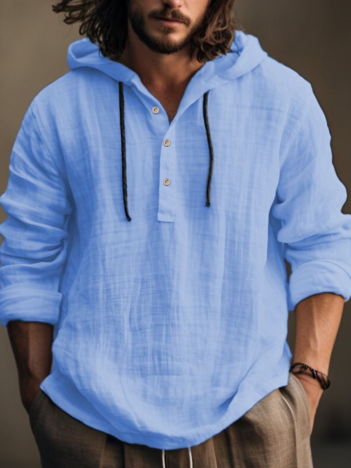 Men's Full Size Half Button Long Sleeve Hoodie for Comfort