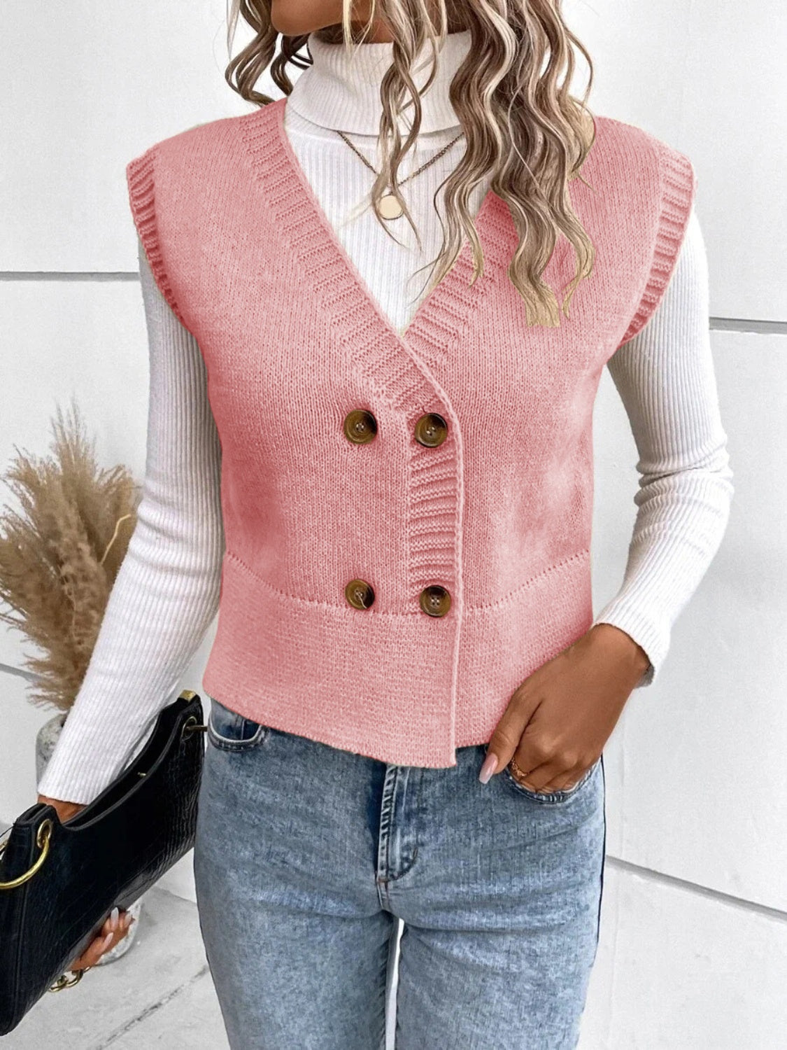 Full Size Button Up V-Neck Sweater Vest for Women