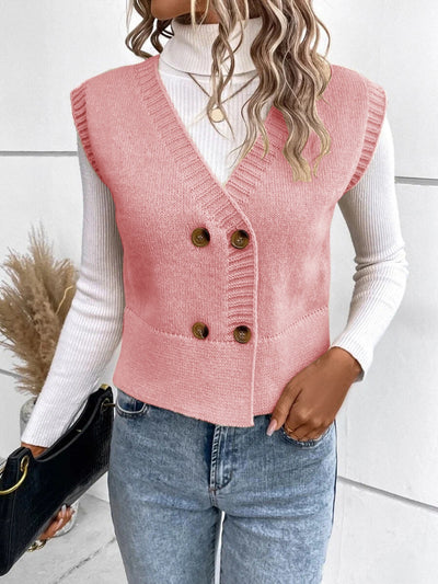 Full Size Button Up V-Neck Sweater Vest for Women