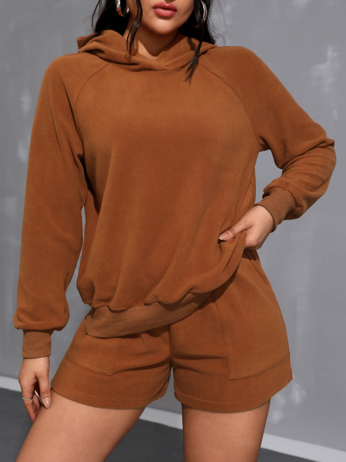 Cozy Long Sleeve Hoodie and Pocketed Shorts Ensemble Set