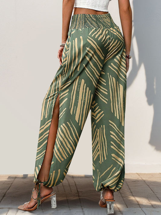 Chic High-Waisted Smocked Slit Print Pants for Women