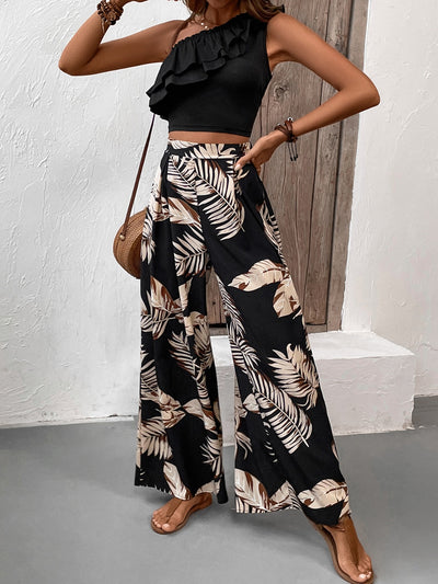 Elegant Ruffle and Print Pant Set for Chic Style