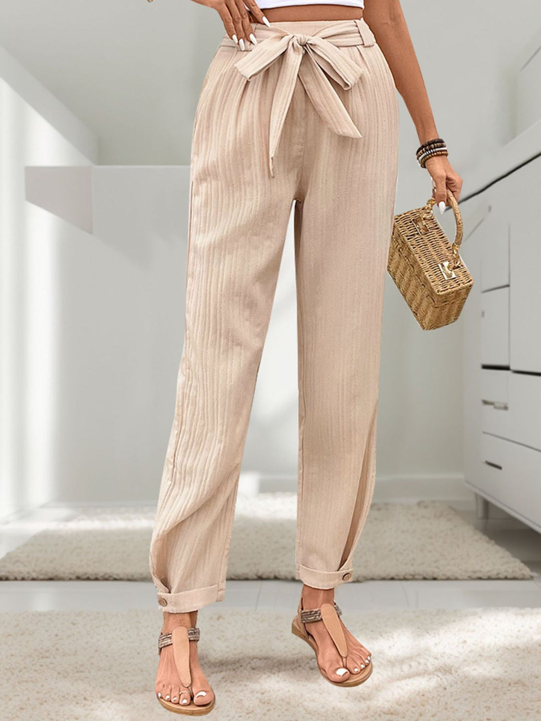 Stylish High Waist Trousers with Tie Detail