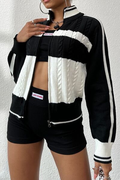 Chic Color Block Cable-Knit Cardigan with Stylish Sleeves