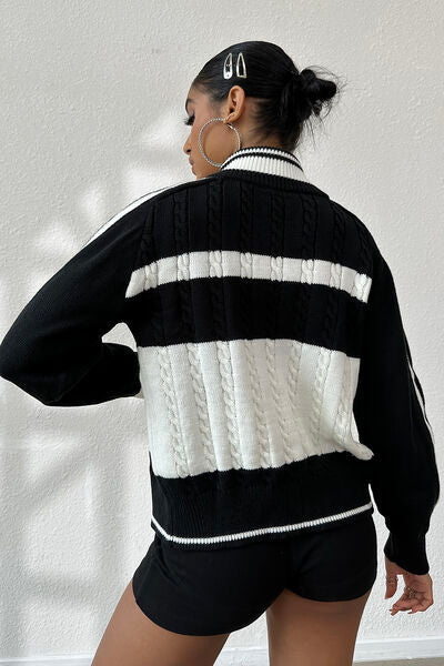 Chic Color Block Cable-Knit Cardigan with Stylish Sleeves