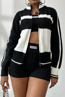 Chic Color Block Cable-Knit Cardigan with Stylish Sleeves