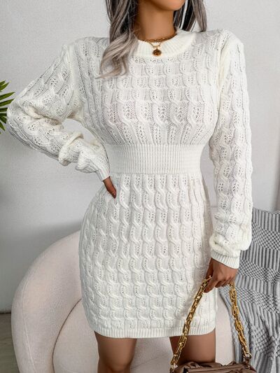 Elegant Cable-Knit Mini Wrap Sweater Dress with Round Neck