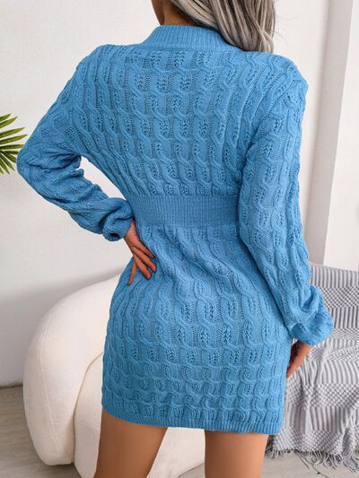 Elegant Cable-Knit Mini Wrap Sweater Dress with Round Neck