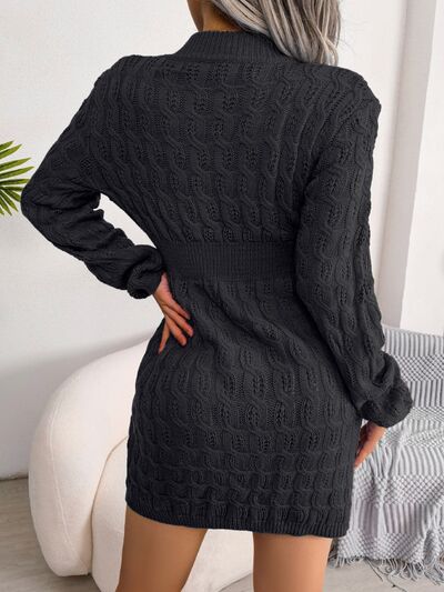 Elegant Cable-Knit Mini Wrap Sweater Dress with Round Neck