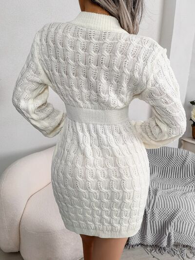 Elegant Cable-Knit Mini Wrap Sweater Dress with Round Neck